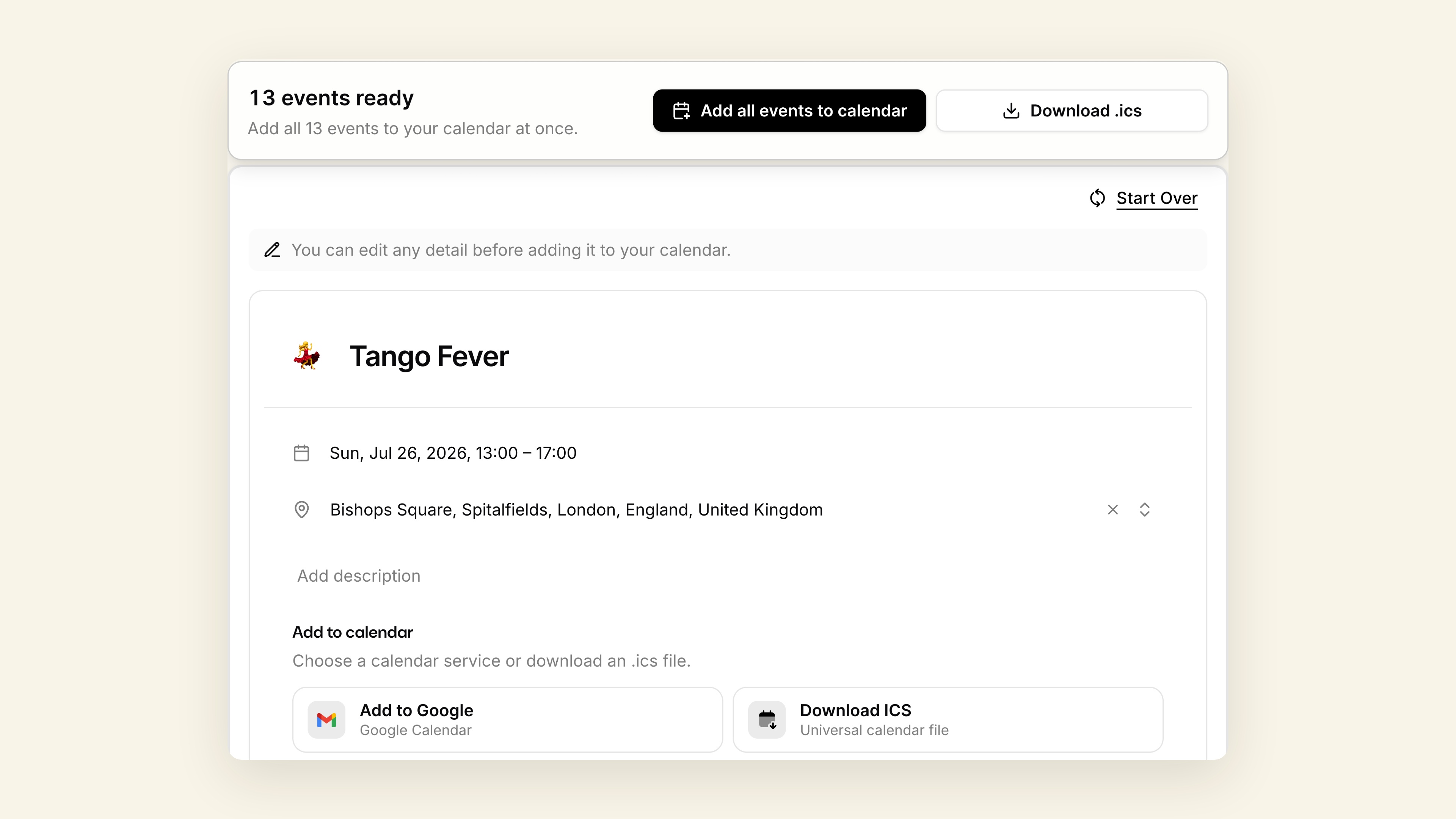 Thirteen events extracted from a photo and ready to add to a calendar